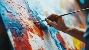 Hand with paint brush applying paint to canvas