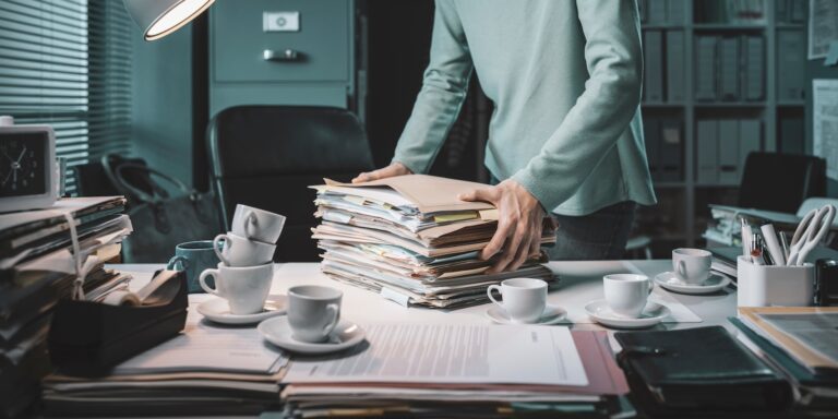 Office working carrying a pile of paperwork
