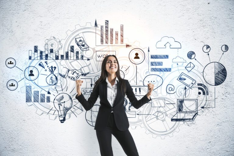 woman in business suit pointing to signs on wall with many financial options