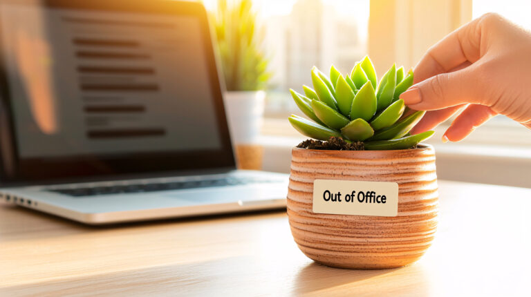 Out of office sign placed on work computer