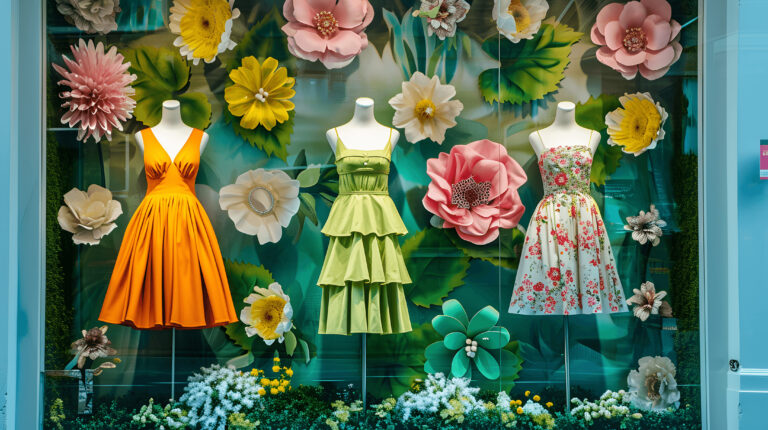 Beautiful colorful window display with brightly colored dresses.